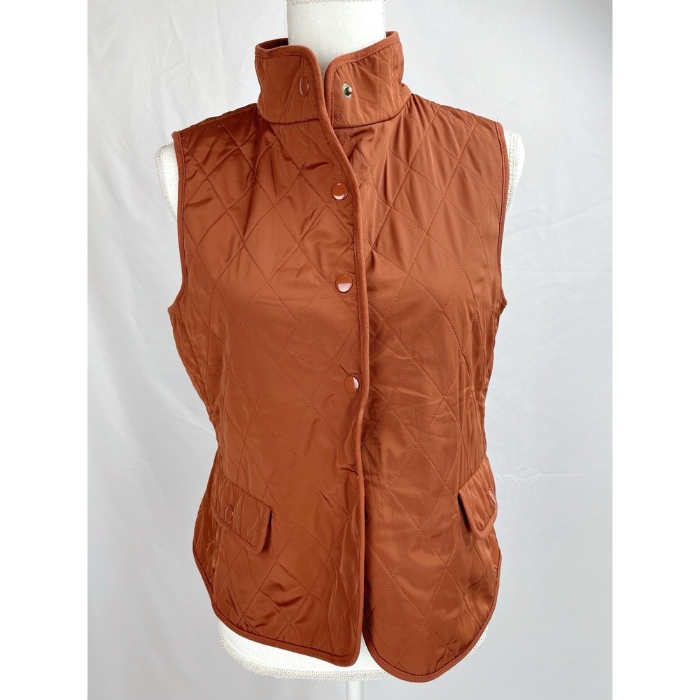 Talbots Women SMALL Petite Orange Quilted Vest Button Up Pockets